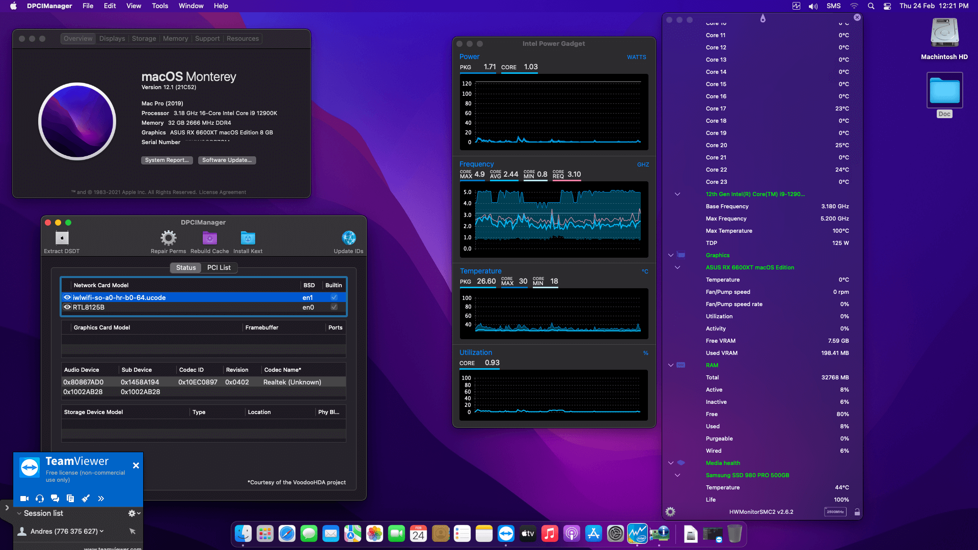 Success Hackintosh macOS Monterey 12.1 Build 21C52 in Gigabyte Z690 UD AX DDR4 + Intel Core i9 12900K + ASUS 6600XT